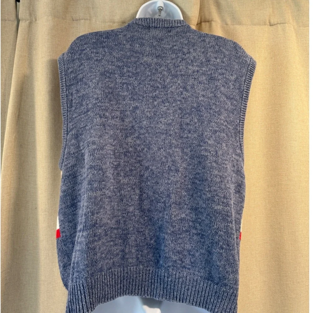 Vintage Koret Blue Beach Scene Knit Vest Sweater Button Up Size L‎